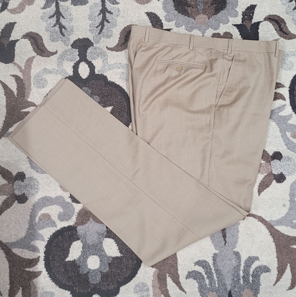 Santorelli Romeo Luxury Serge Tan Flat Front Trouser 44x38 Made In Italy Raw Hem - Picture 11 of 14